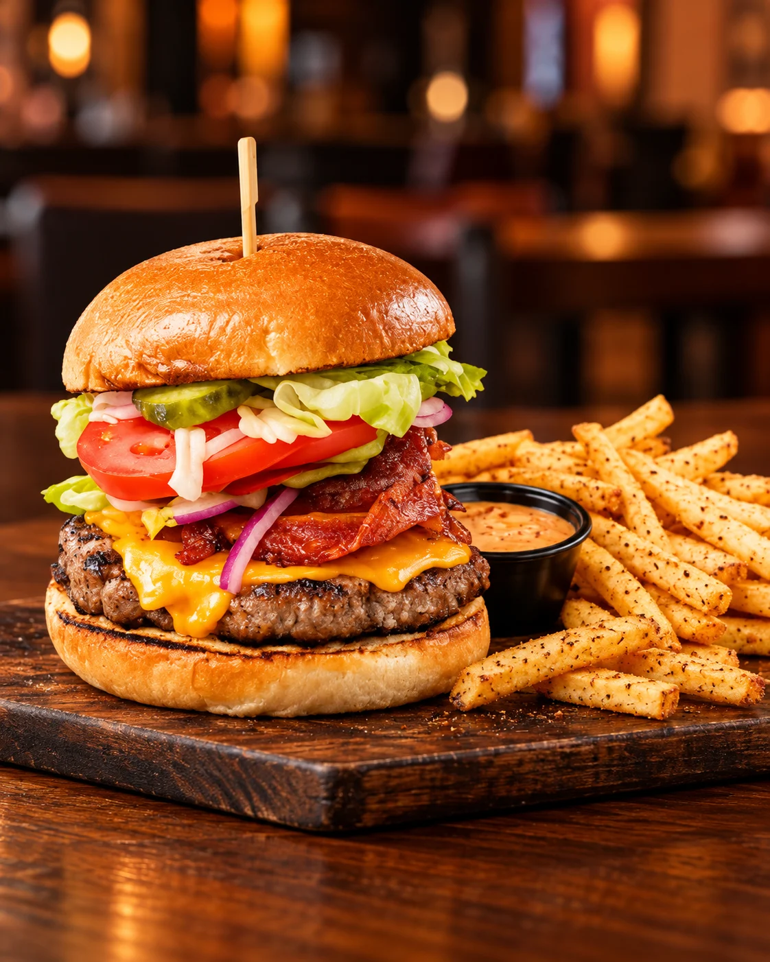 Overtime burger and fries on a wooden table